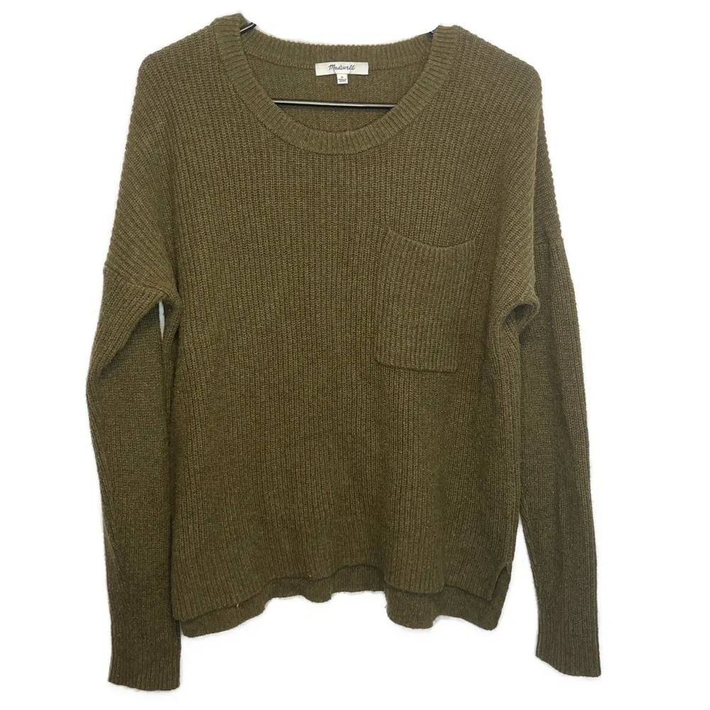 Madewell Thompson Pocket Pullover Sweater Dark Olive Green Oversized Ribbed M